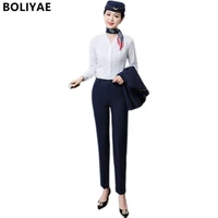 boliyae spring autumn female professional trouser suits shirts two piece formal wear stewardess set fashion blouse women elegant
