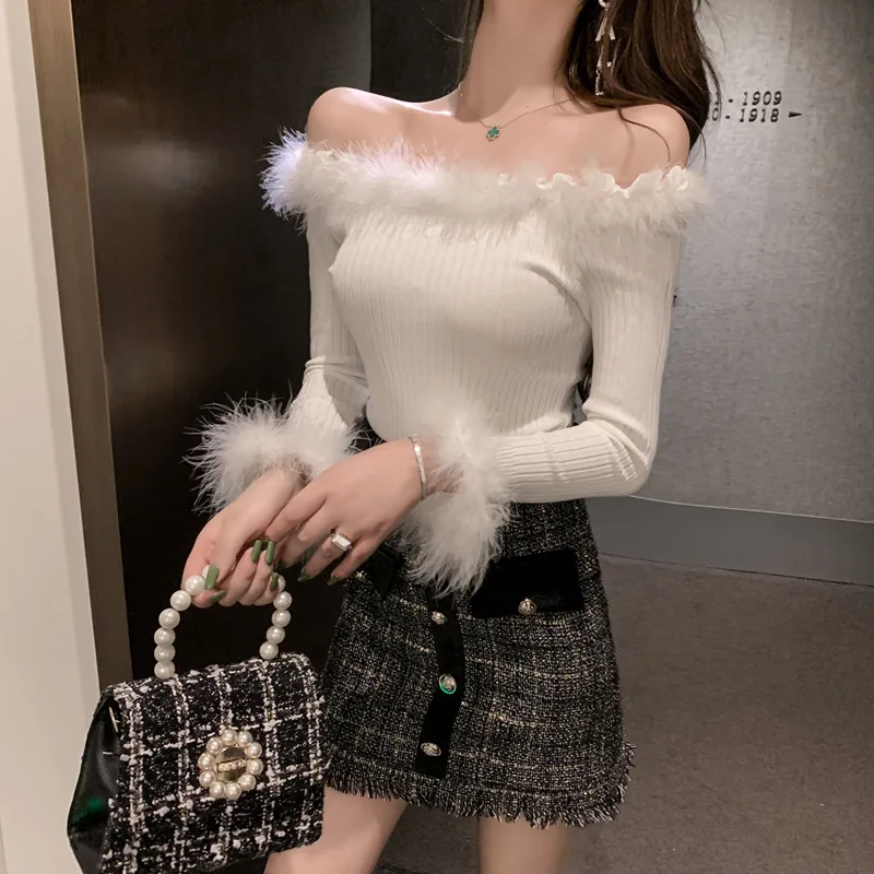 

Женская Однотонная футболка с воротником-лодочкой и меховым верхом, футболка с длинным рукавом и меховым верхом, женская футболка