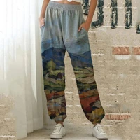 loose pants trousers fashion women high waist landscape print sports with pocket