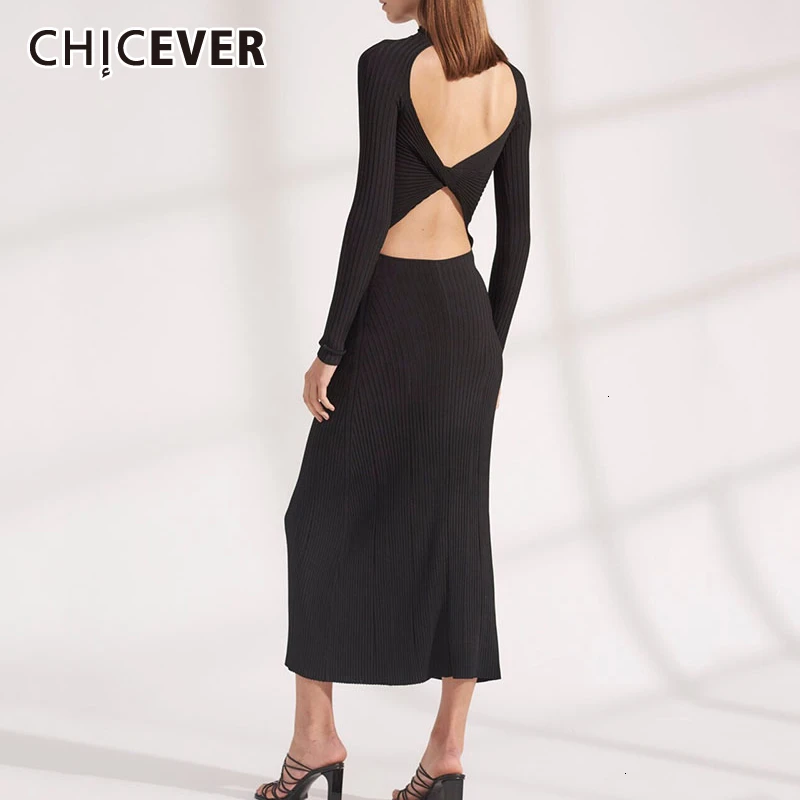 CHICEVER/Полосатое открытое женское платье с открытой спиной круглым вырезом