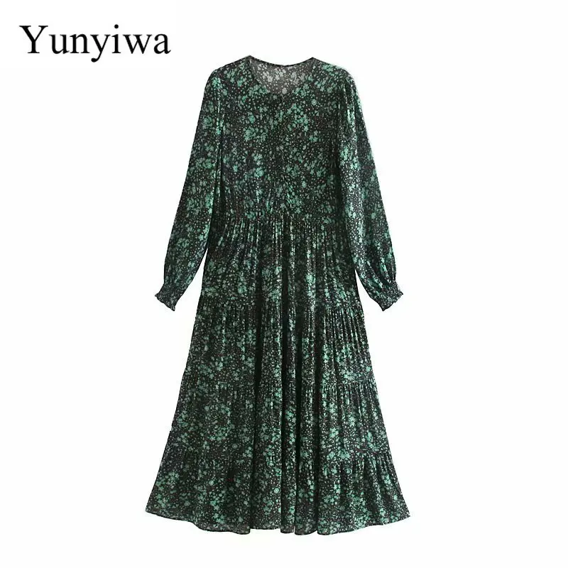 Женское элегантное платье с круглым вырезом длинным рукавом и зеленым цветочным