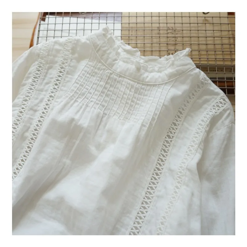 Белая хлопковая рубашка блуза с длинным рукавом и воротником стойкой|Блузки| |