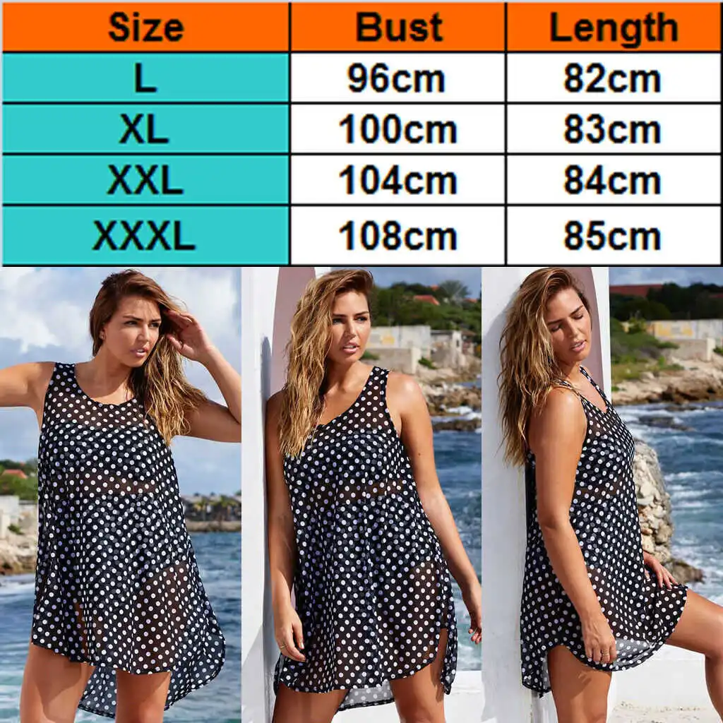 

Summer Sexy Women Polka Dot Bathing Suit Bikini Cover Up Chiffon Beach Sleeveless Dress Plus Size