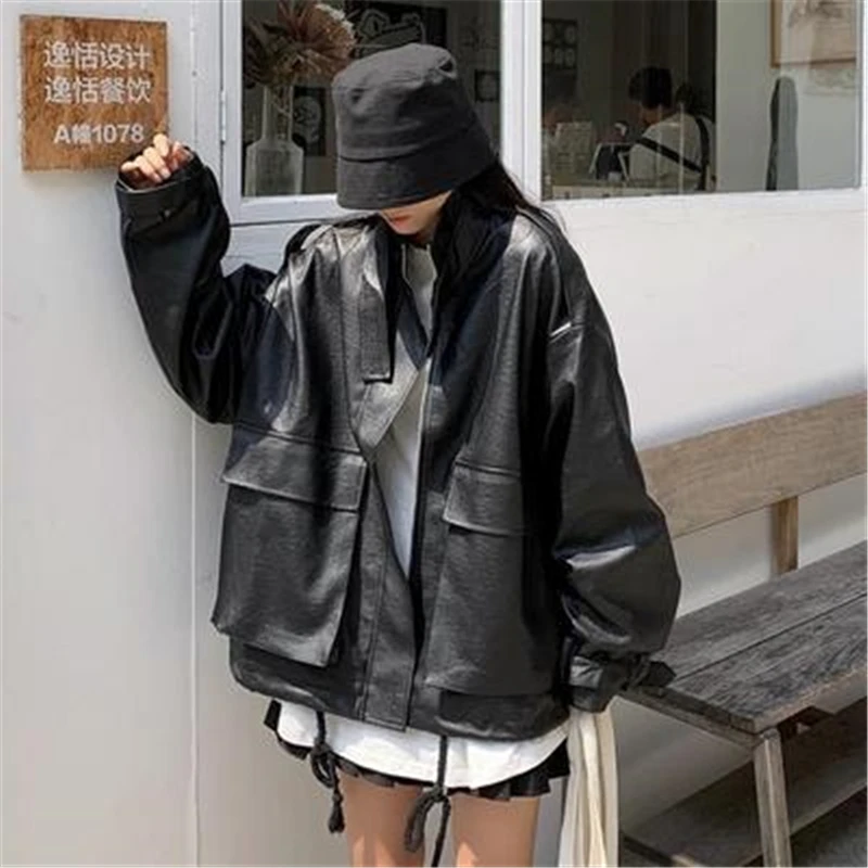 Куртка женская из ПУ кожи свободная верхняя одежда в стиле Харадзюку винтажный