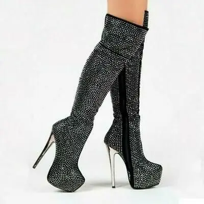 

Moraima Snc Bling Bling Crystal Embellished Over the Knee High Heel Boots Super High Platform Thigh High boots Woman Shoes