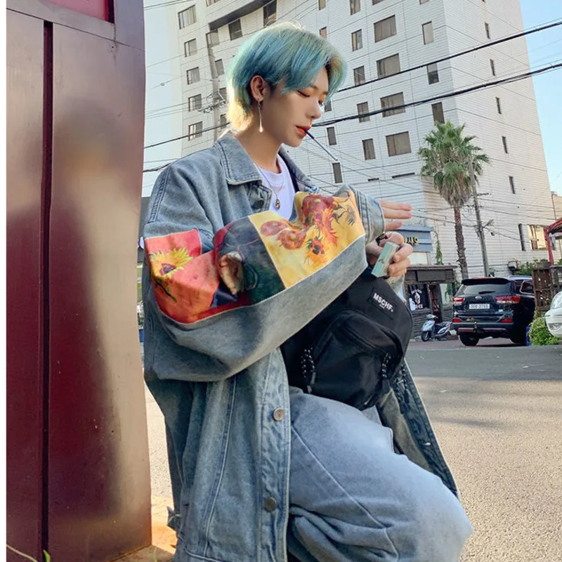 

Куртка джинсовая мужская, в стиле Ван Гог, с принтом граффити, в стиле хип-хоп, в стиле ретро, свободная, осень 2021