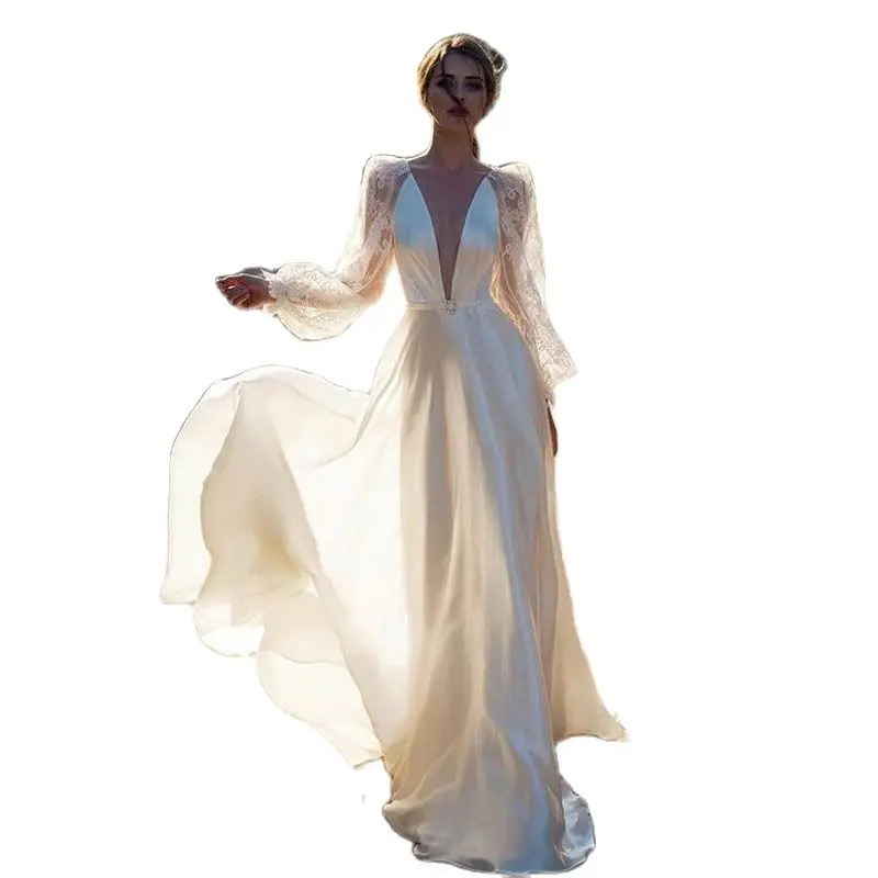 

2021 New European And American Women's Hot Sexy Deep V Lantern Sleeve Leaking Back White Evening Dress Long Skirt Suit Brazer