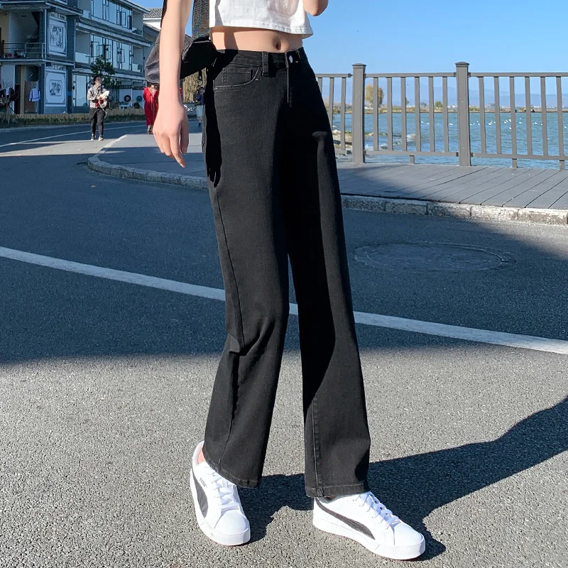 

New Plus Size 5XL Mom Straight High Waist Jeans Women Classic Beige Black Korean Denim Pants Brand Pure Color Cowboy Trousers