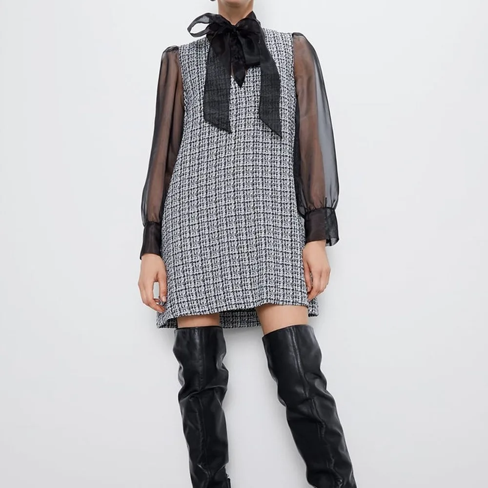 Женское платье повседневное клетчатое из органзы декоративное с бантом выше