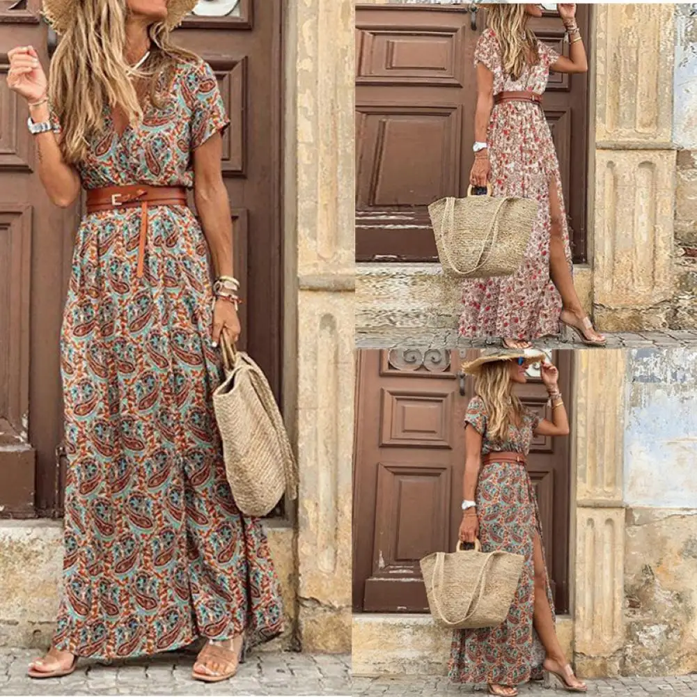 

Fashion Boho Dress Long Dress Women Casual V Neck Short Sleeve Retro Print Belt Hem Beach Dresses Elegant Sundress Robe Femme