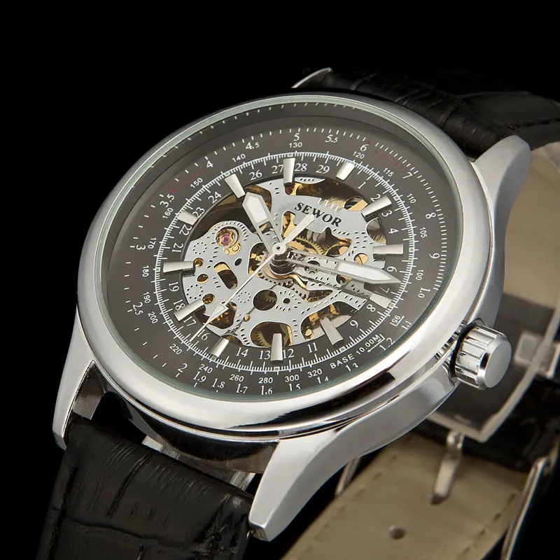 

SEWOR All Black Multifunction Dress Watch Men Mechanical Hand Wind Watch Mens Black Leather Watch Band Wristwatches NEW