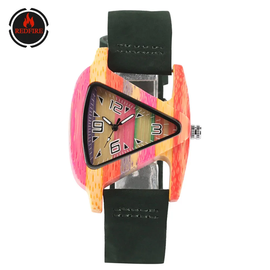 Часы REDFIRE женские деревянные с треугольным циферблатом сказочные яркие наручные