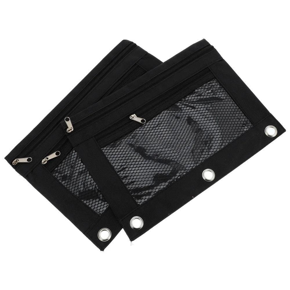 

2Pcs Mesh Window Three Ring Pen Bags Oxford Cloth Stationery Storage Bags