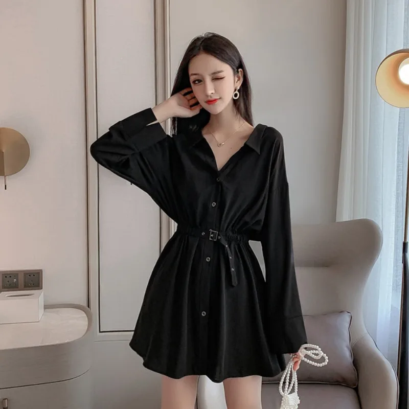 Черное мини-платье-рубашка с узкой талией платье во французском Корейском стиле