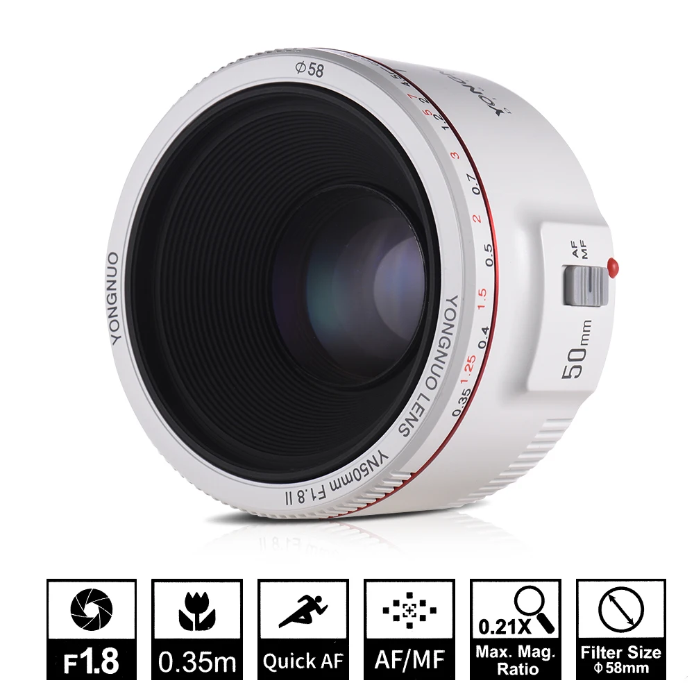 

YONGNUO YN50mm F1.8 II Large Aperture Auto Focus Lens with Super Bokeh Effect for Canon EOS 70D 5D2 5D3 600D DSLR Camera (White)