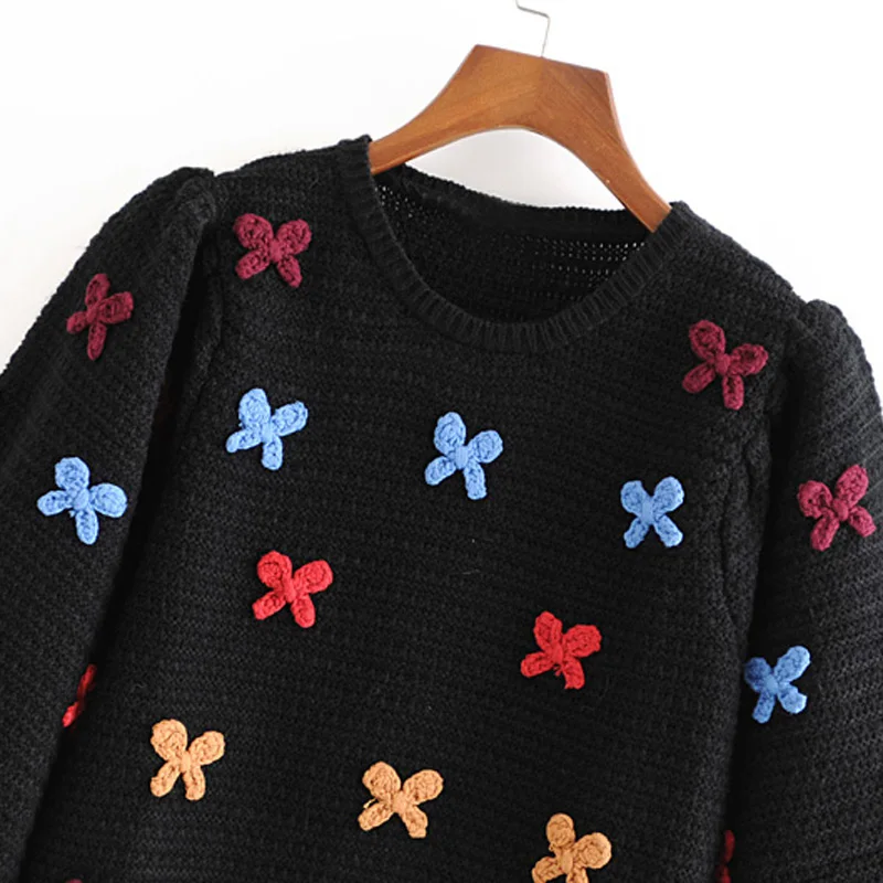 Женский трикотажный пуловер с рукавом-фонариком круглым вырезом | Женская одежда