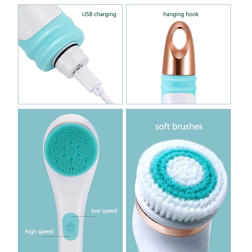 

Electric Silicone Bath Brush Back Scrubber 4 Brush Heads USB Rechargeable Rotating Shower Massager with 2 Speeds Long Handle