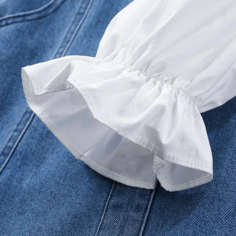 

Fake Two Piece Denim Mid-Length Dress Office Lady High Waist Pullover Dress Square Collar Ruffle Sleeve Women Spring Slip Dress