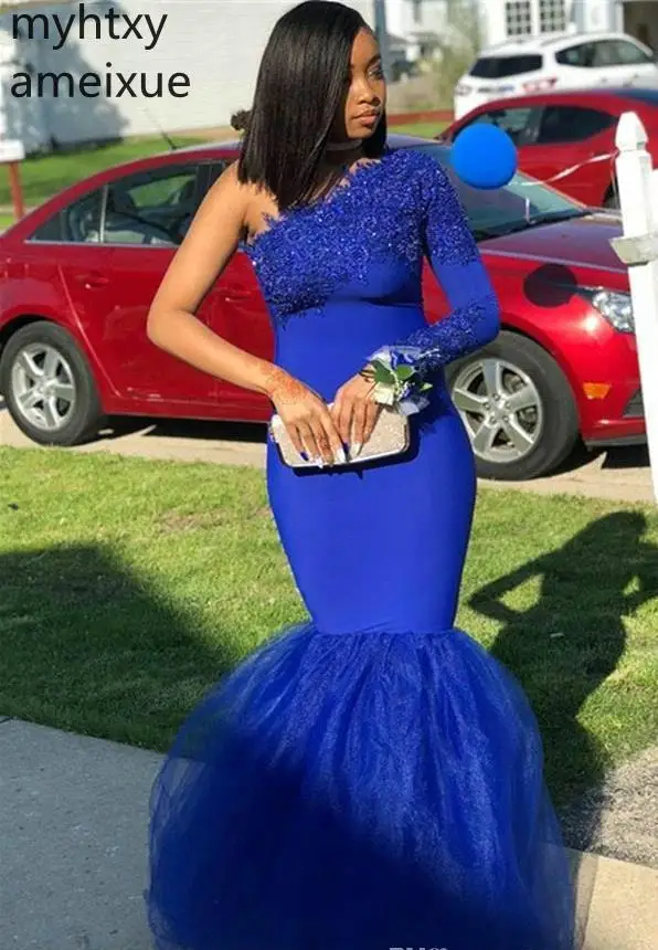 Женское вечернее платье с юбкой-годе синее на одно плечо сексуальное для