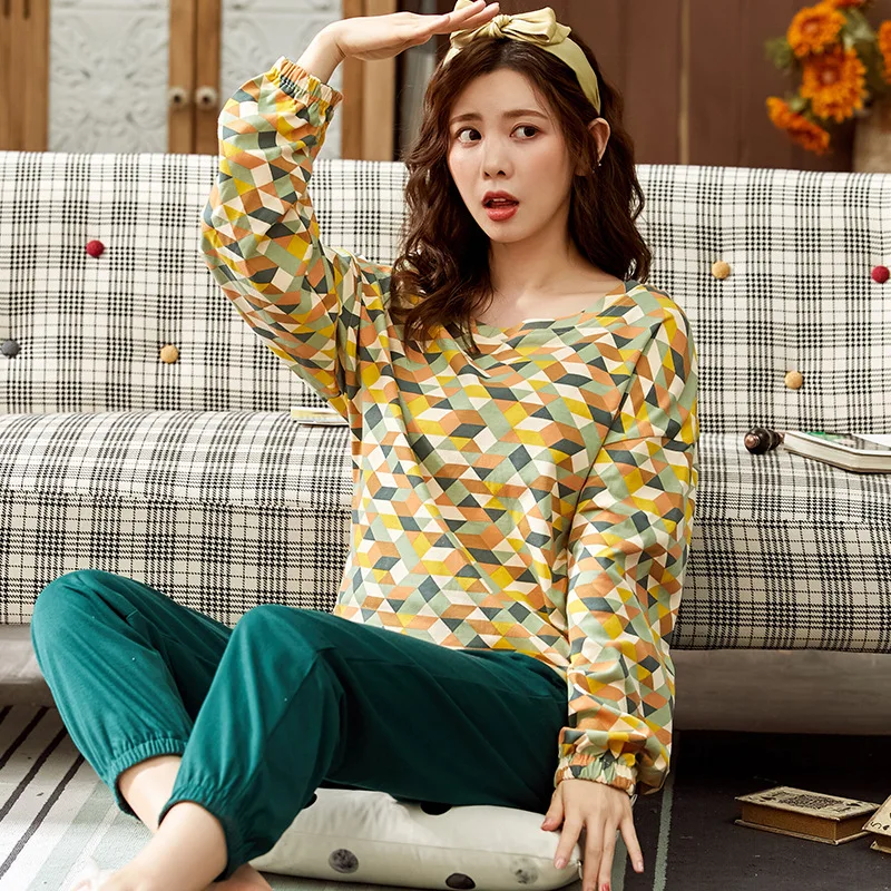 

Новая Пижама с геометрическим принтом, хлопковая одежда для сна для женщин, осенняя теплая Домашняя одежда с длинным рукавом, милый Повседн...