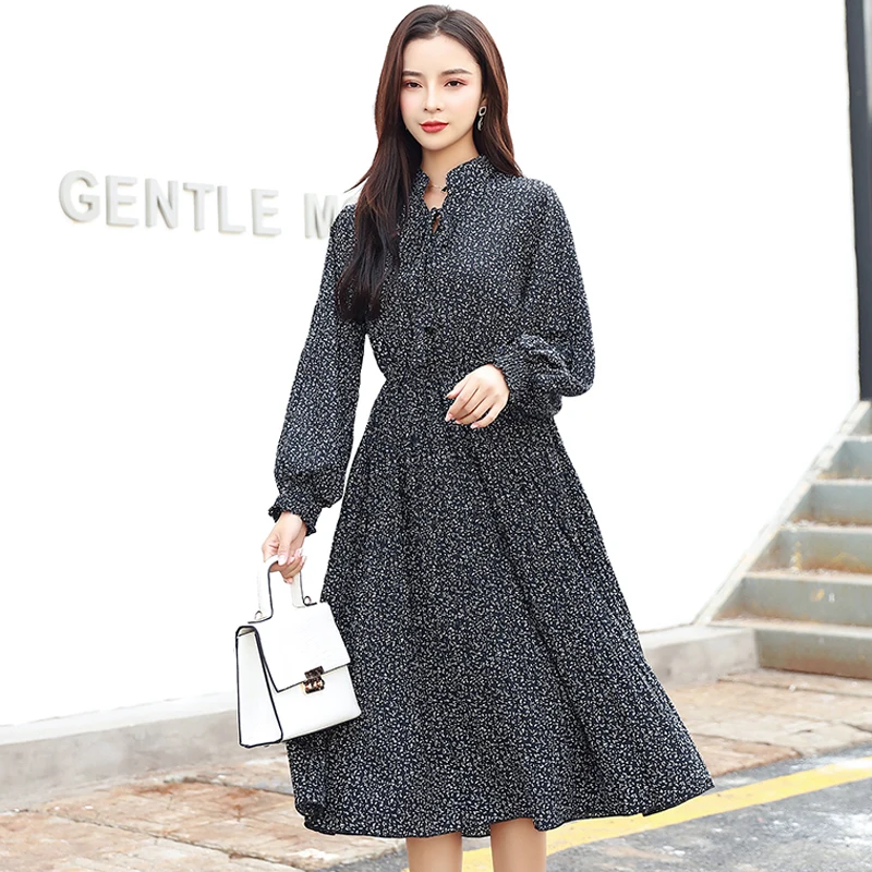 Платье BGTEEVER женское шифоновое с воротником стойкой винтажное ТРАПЕЦИЕВИДНОЕ