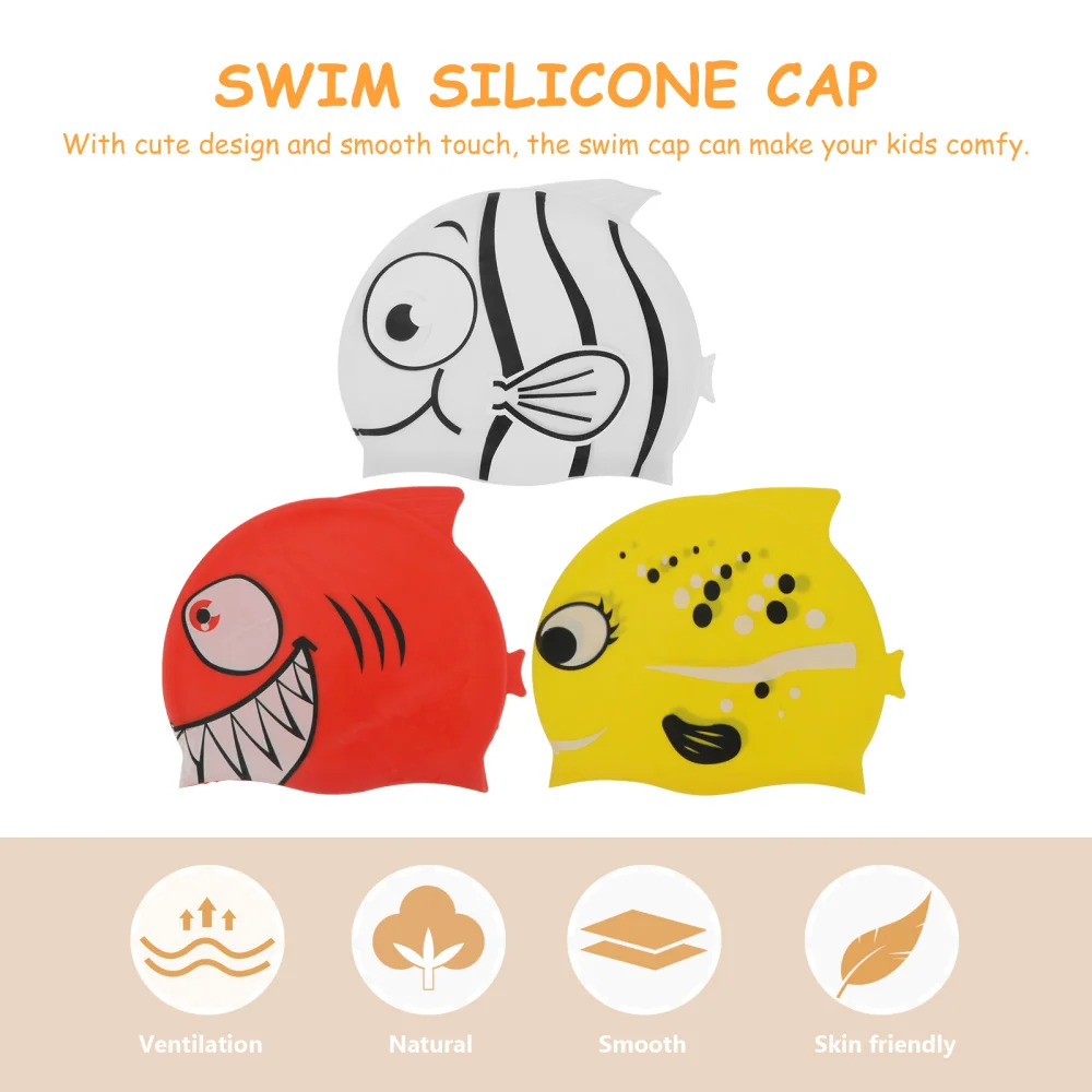 

3pcs Cartoon Fish Design Swim Caps Kid Silicone Swimming Cap Children Shower Cap