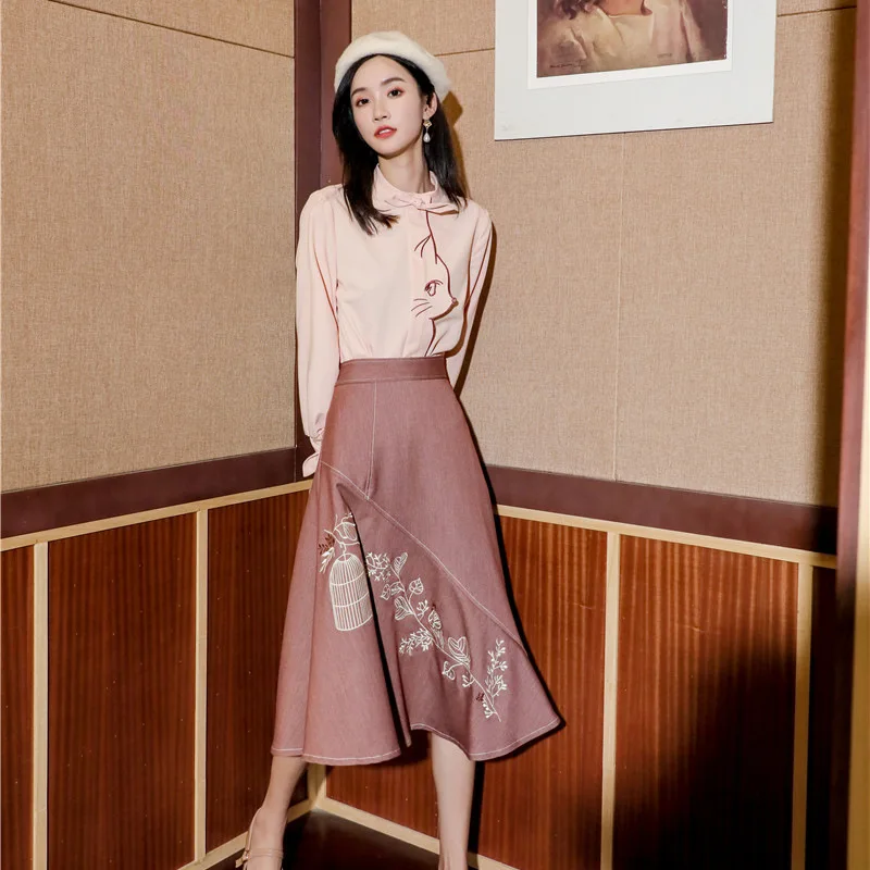 

High Waist Skirts Women Embroidery Irregular Pendulum Retro Skirt Autumn and Winter New Style Fashion Casual Skirt