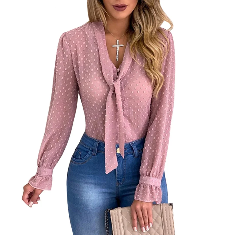 

Polka Dot Chiffon Women Blouse Summer V-neck Long Sleeve Loose Casual Woman Tops Shirts Office Streetwear Plus Size Blouses