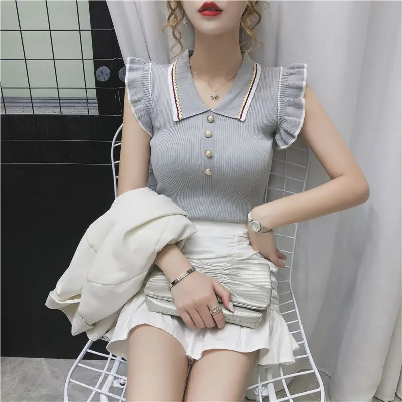 

2021 new women's summer sleeveless thin ice silk sweater top sexy short gentle wind base shirt v-neck
