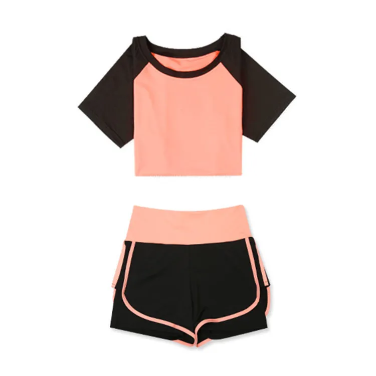 

High waist yoga summer workout clothes sports suit tight-fitting short-sleeved T-shirt ladies casual top fake two-piece shorts