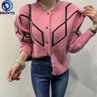 2021 autumn and winter korean style sweet retro temperament fashion puff sleeve short single breasted knitted cardigan women top