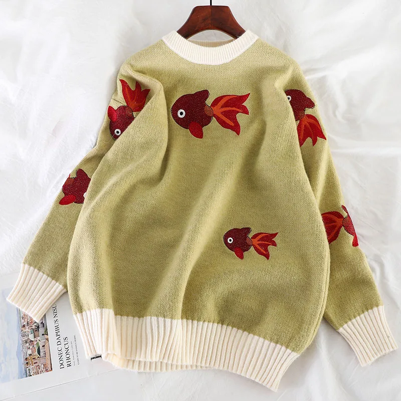 Korobov корейский свитер с вышивкой из мультфильма винтажный пуловер круглым