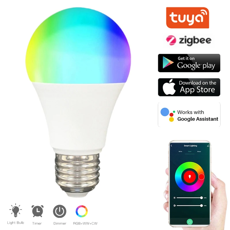 

Умная светодиодсветильник лампа Tuya Zigbee, лампа GU10 E27 RGB CCT с регулируемой яркостью, работает с Alexa Echo Plus Google Assistant Smartthings