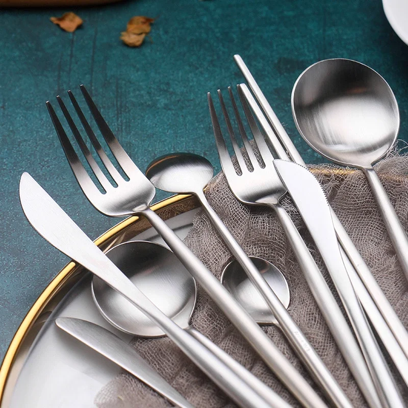 Solid Steak Fork Set Stainless Steel Nordic Flatware Knife Spoon Couverts De Table Inox Simple Western Tableware EE6DC | Дом и сад