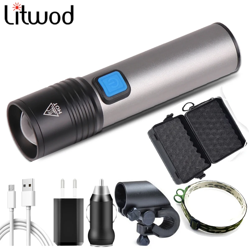 

Светодиодный фонарик Litwos XM-L T6 с зарядкой от USB светильник онарик для кемпинга с зумом, фонасветильник с литиевым аккумулятором, светодиодны...