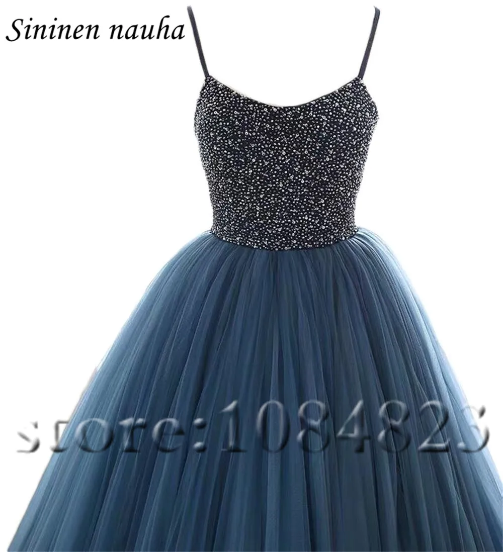 

Spaghetti Strap Long Evening Dresses for Women Weddings Prom Dress Beaded Lace Up A Line Vestidos De Festa Robe De Soiree 409