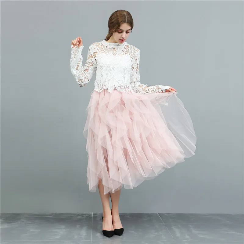 Pink Женские Асимметричные тюлевые юбки, модная эластичная высокая талия, сетчатая юбка-пачка со складками, Длинная Юбка-миди Saias Faldas Jupe Femmle - Цвет: Pink