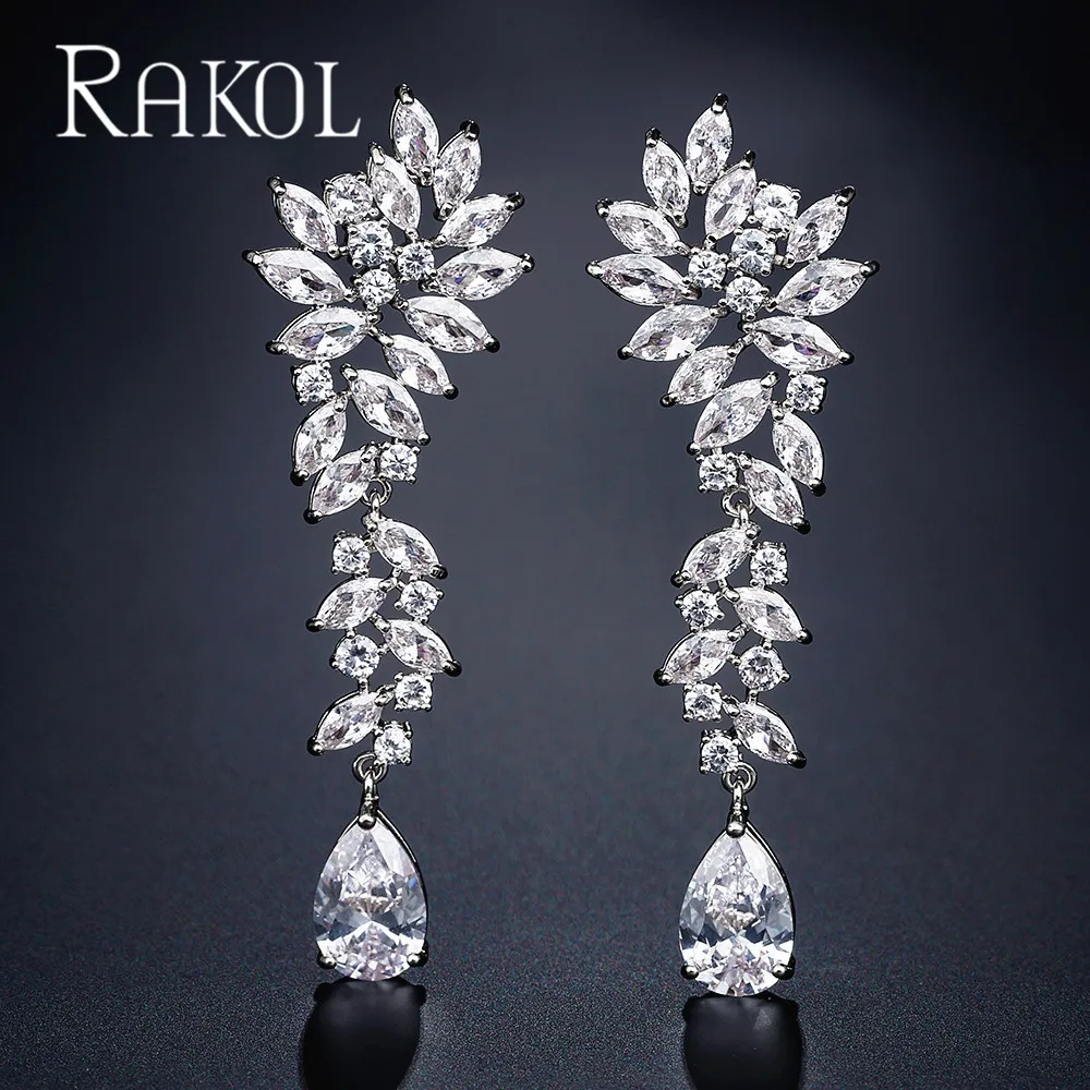 

RAKOL Luxury Cluster Leaf Zirconia Crystal Long Dangle Drop Earrings for Women Silver Color Wedding Party Dinner Dress Jewelry