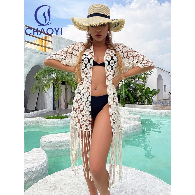 

CC White Hollow Out Long Tassels Tunic Women Sexy Crochet Half Sleeve Cardigan Beach Cover Up Sens Du Design Traje De Playa