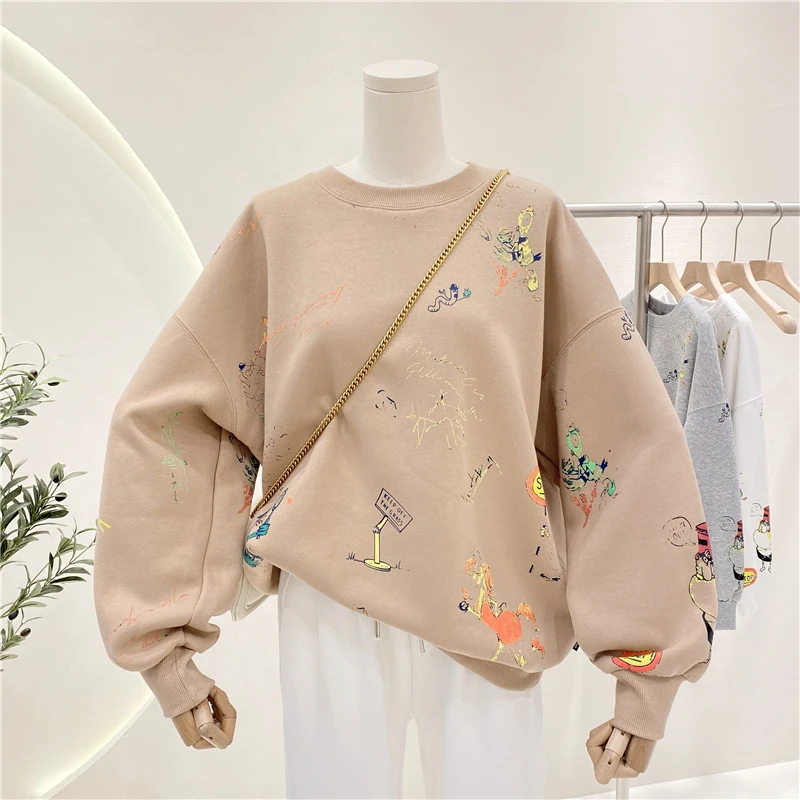 

Vintage Printing Street Sweatshirt Women Long Sleeve Crew Neck Classic Oversized Casual Pullover Tops Khaki Teenagers