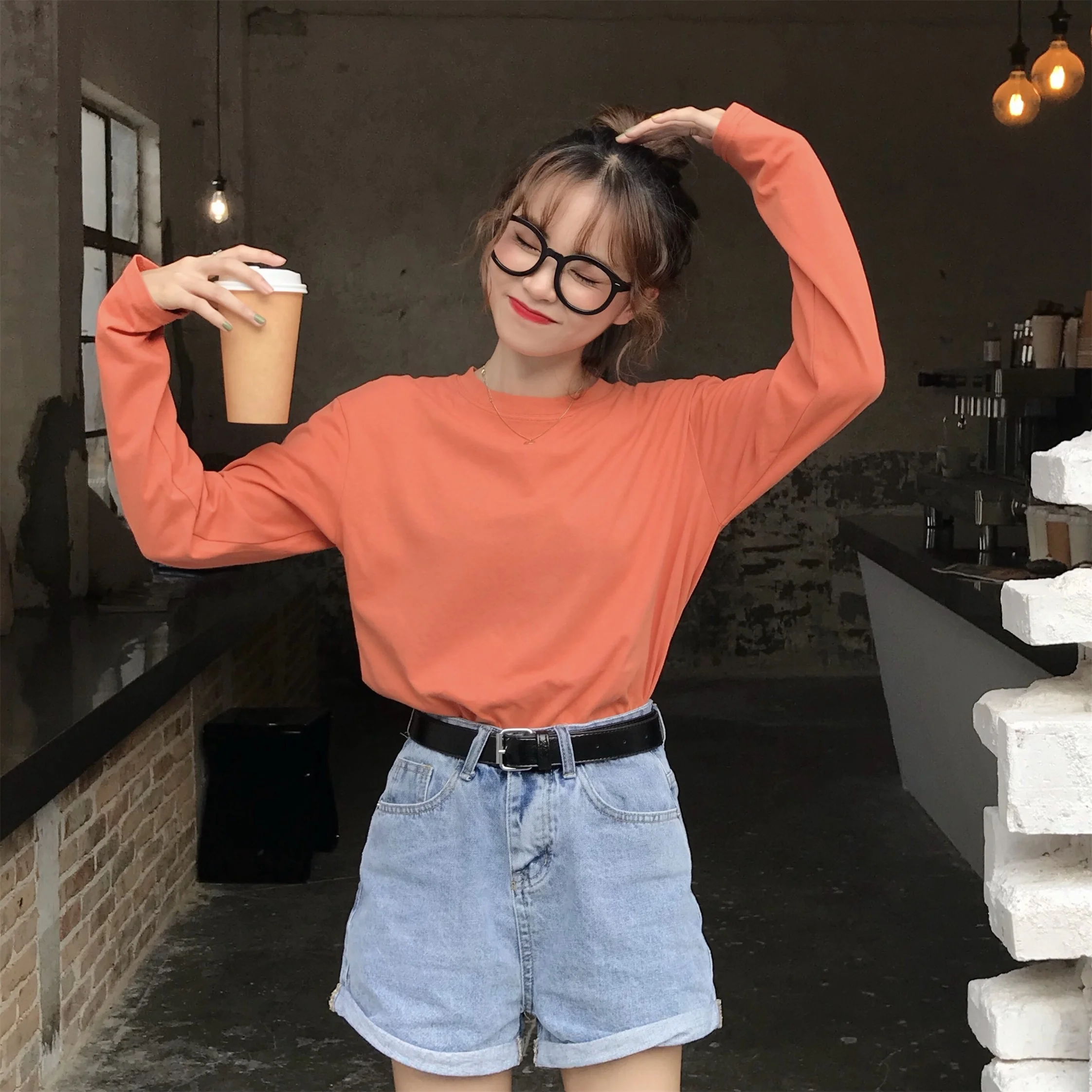 22 Однотонная футболка с длинным рукавом Женская Kpop шикарная свободная хлопковая Футболка с круглым вырезом черная Harajuku Kawaii простая Базовая футболка Femme
