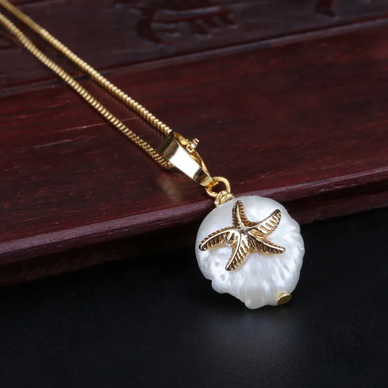 tiny gold starfish star fish animal charm freshwater pearl bead dainty link chain pendant choker necklace for women