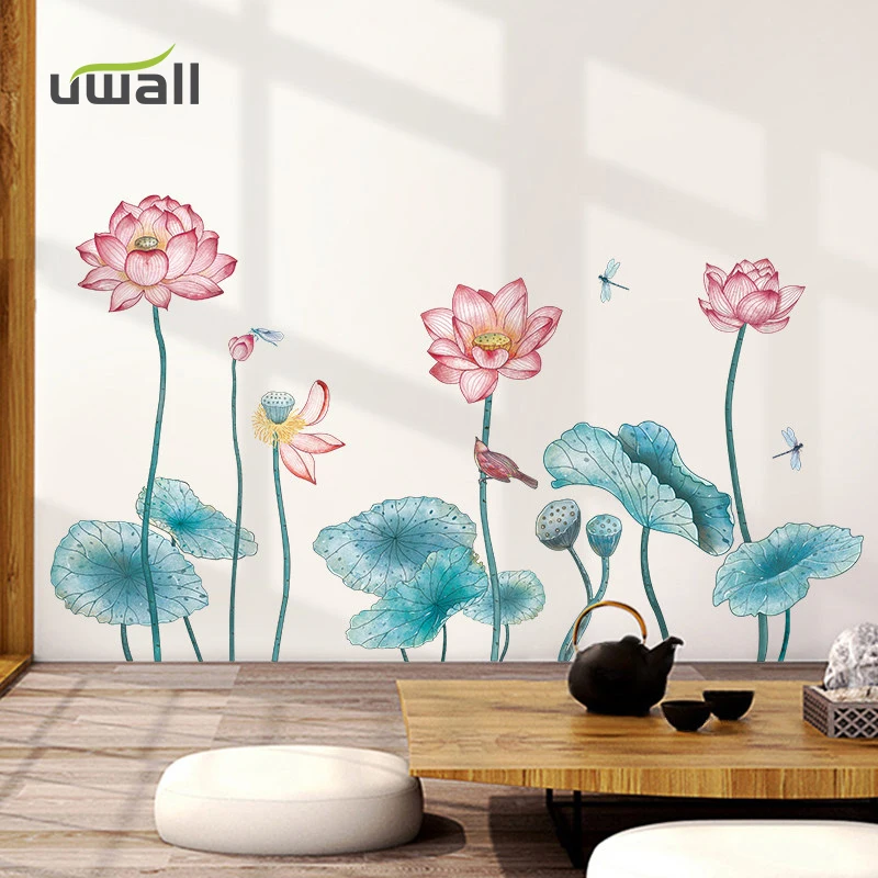 

PVC Chinese Style Lotus Wall Stickers Home Decor Living Room Bedroom Background Wall Decoration Self Adhesive Room Decor Sticker