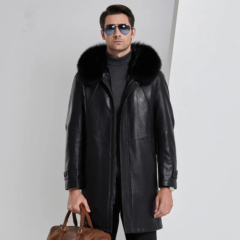 

Coat Men's With Fur Fur Hooded High Quality Fashion Leather Jacket For Real Lined Mens Overcoat