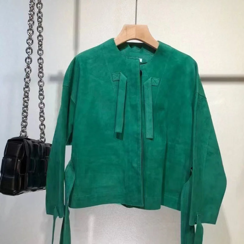 

Women's Spring Coat 2022 New Fashion Short Length Kid Suede Clothes Female With Blet Genuine Leather Jacket Oversized