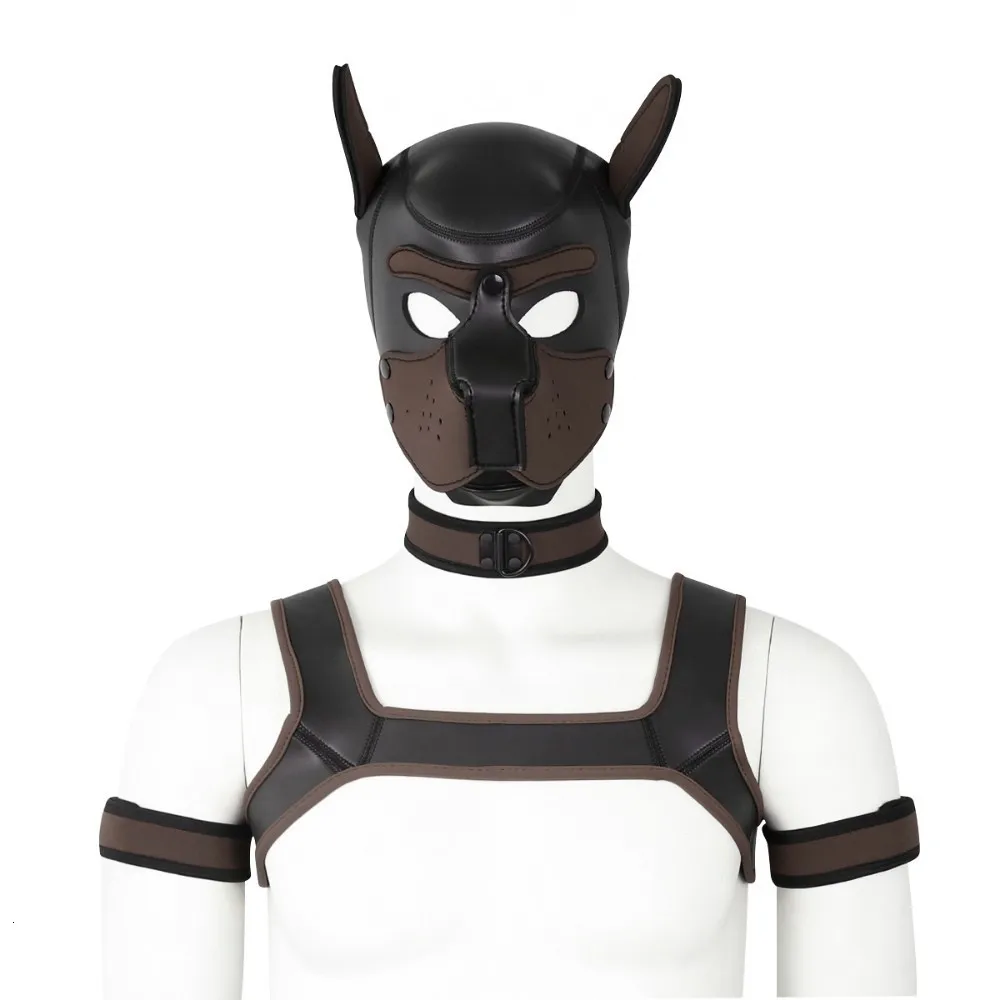 Coffee Puppy Play Dog Bondage Hood Mask Collar Armband Cosplay Fantasy Harness Bondage Sexy Set Adult Games Slave Pup Role Play Couples - Цвет: Coffee
