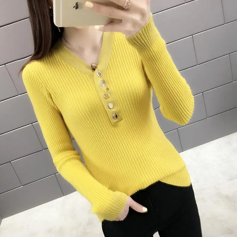 

Autumn New Style Thin Top V-neck Knit Low Waist Jersey Short Long-Sleeved Net Red Sweater Women Pullover