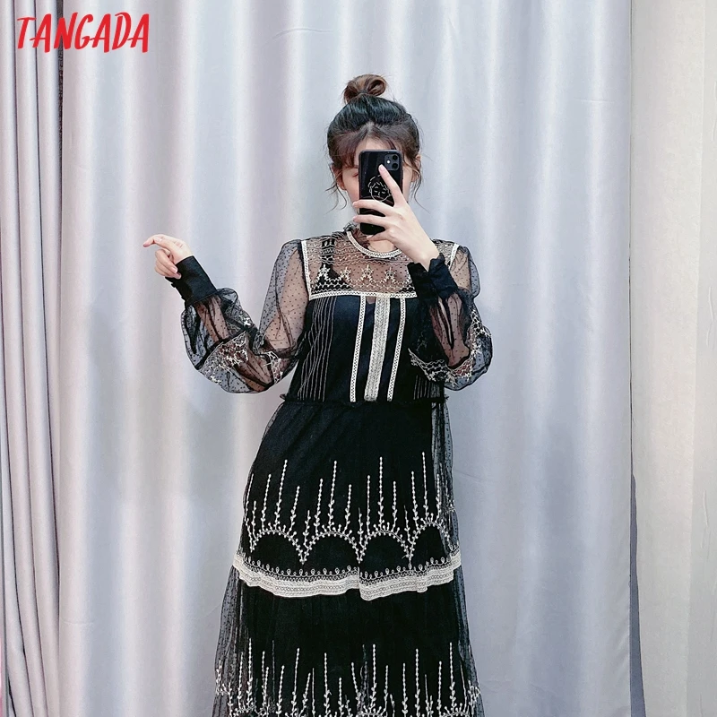 Tangada женское элегантное Сетчатое длинное платье с вышивкой с длинным рукавом Женские черные вечерние платья макси vestido CE181