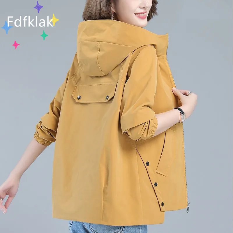 

Женская куртка с капюшоном Fdfklak, осенняя Повседневная ветровка, куртка на молнии, верхняя одежда, Женский Тренч
