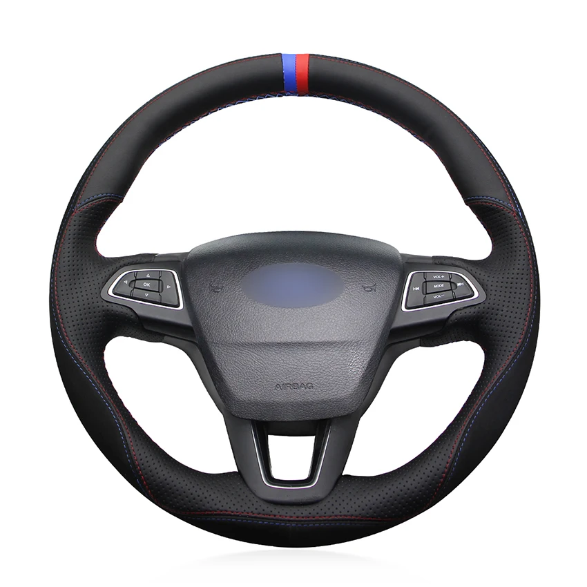 

Прошитый вручную черный кожаный замшевый Противоскользящий мягкий чехол рулевого колеса автомобиля для Ford Focus 3 2015-2018 Kuga 2016-2019 Escape